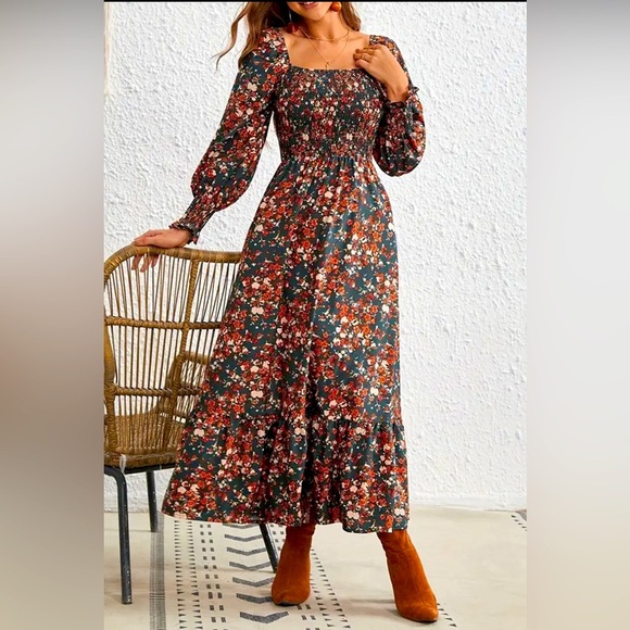 NWT Square Neck Flaral Lantern Boho Floral Sleeves Dress - Picture 1 of 4